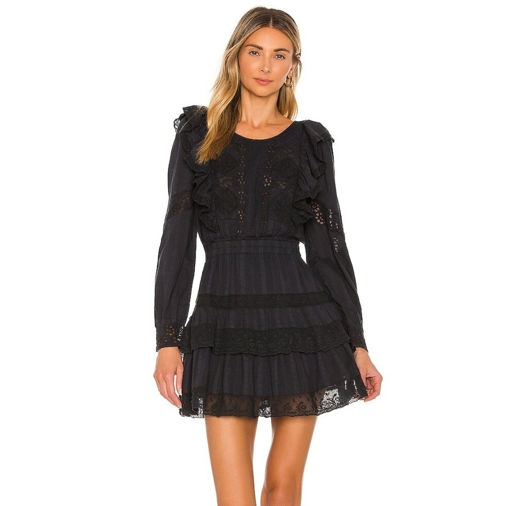 LoveShackFancy Santorini Mini Dress Ruffle Lace Smocked XS Black Boho Romantic